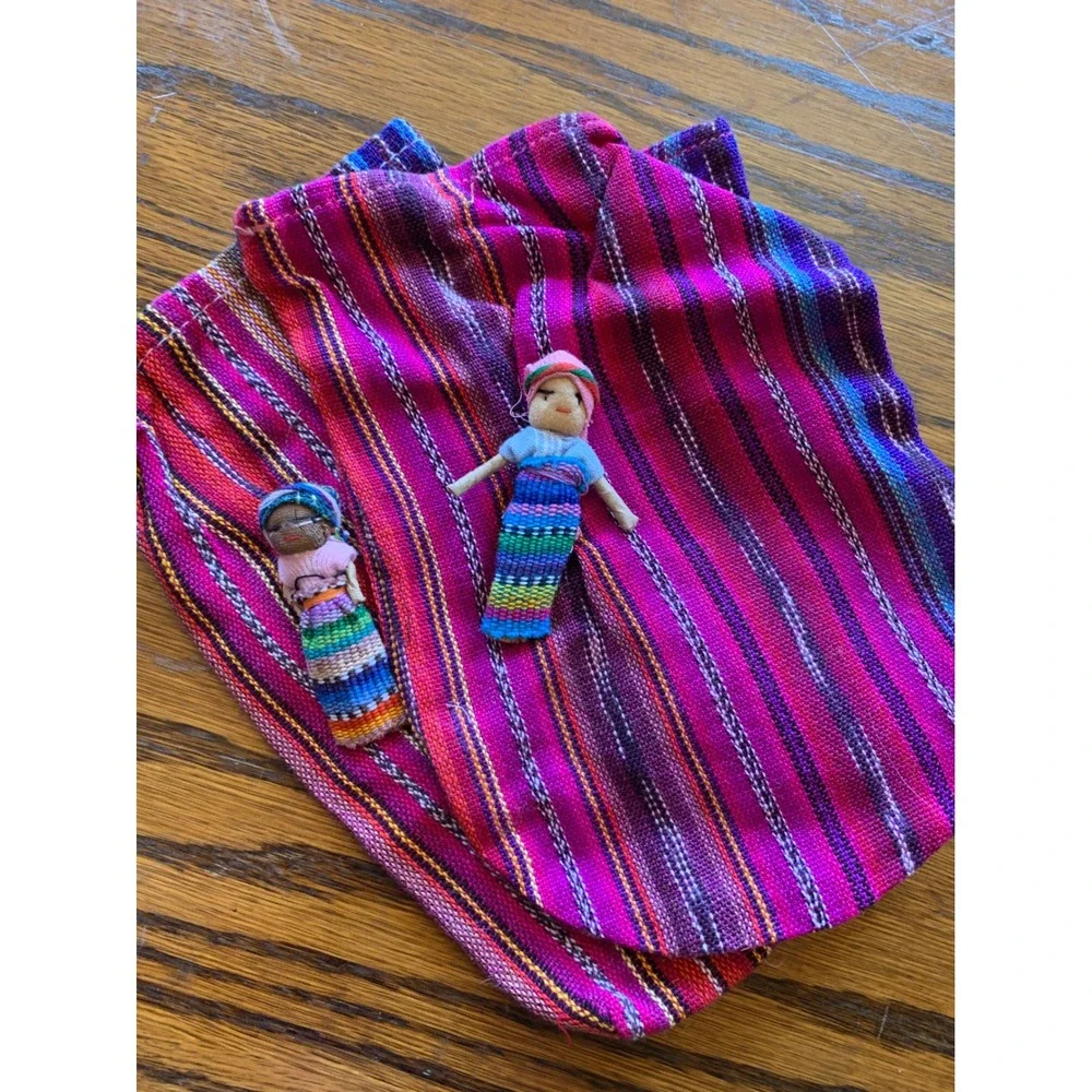 Guatemalan Worry Doll Pouch Set of Two Pink Purple Striped Handwoven Cotton Bags